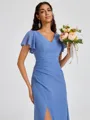 A-line V-neck Short Sleeves Pleated Floor-Length Chiffon Bridesmaid Dress