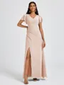 A-line V-neck Short Sleeves Pleated Floor-Length Chiffon Bridesmaid Dress