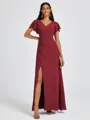 A-line V-neck Short Sleeves Pleated Floor-Length Chiffon Bridesmaid Dress