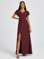 A-line V-neck Short Sleeves Pleated Floor-Length Chiffon Bridesmaid Dress