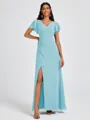 A-line V-neck Short Sleeves Pleated Floor-Length Chiffon Bridesmaid Dress