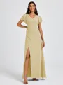 A-line V-neck Short Sleeves Pleated Floor-Length Chiffon Bridesmaid Dress