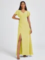 A-line V-neck Short Sleeves Pleated Floor-Length Chiffon Bridesmaid Dress