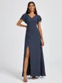 A-line V-neck Short Sleeves Pleated Floor-Length Chiffon Bridesmaid Dress