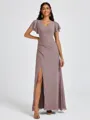 A-line V-neck Short Sleeves Pleated Floor-Length Chiffon Bridesmaid Dress