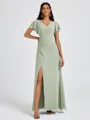 A-line V-neck Short Sleeves Pleated Floor-Length Chiffon Bridesmaid Dress