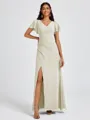 A-line V-neck Short Sleeves Pleated Floor-Length Chiffon Bridesmaid Dress