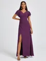 A-line V-neck Short Sleeves Pleated Floor-Length Chiffon Bridesmaid Dress