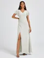 A-line V-neck Short Sleeves Pleated Floor-Length Chiffon Bridesmaid Dress
