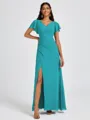 A-line V-neck Short Sleeves Pleated Floor-Length Chiffon Bridesmaid Dress