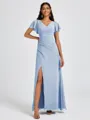 A-line V-neck Short Sleeves Pleated Floor-Length Chiffon Bridesmaid Dress