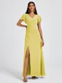 A-line V-neck Short Sleeves Pleated Floor-Length Chiffon Bridesmaid Dress