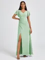 A-line V-neck Short Sleeves Pleated Floor-Length Chiffon Bridesmaid Dress