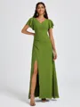 A-line V-neck Short Sleeves Pleated Floor-Length Chiffon Bridesmaid Dress