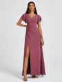A-line V-neck Short Sleeves Pleated Floor-Length Chiffon Bridesmaid Dress