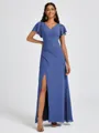 A-line V-neck Short Sleeves Pleated Floor-Length Chiffon Bridesmaid Dress