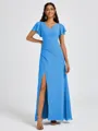 A-line V-neck Short Sleeves Pleated Floor-Length Chiffon Bridesmaid Dress