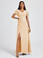 A-line V-neck Short Sleeves Pleated Floor-Length Chiffon Bridesmaid Dress