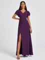 A-line V-neck Short Sleeves Pleated Floor-Length Chiffon Bridesmaid Dress