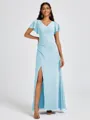 A-line V-neck Short Sleeves Pleated Floor-Length Chiffon Bridesmaid Dress