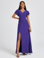 A-line V-neck Short Sleeves Pleated Floor-Length Chiffon Bridesmaid Dress
