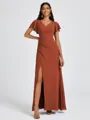 A-line V-neck Short Sleeves Pleated Floor-Length Chiffon Bridesmaid Dress