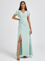 A-line V-neck Short Sleeves Pleated Floor-Length Chiffon Bridesmaid Dress