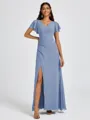 A-line V-neck Short Sleeves Pleated Floor-Length Chiffon Bridesmaid Dress