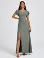A-line V-neck Short Sleeves Pleated Floor-Length Chiffon Bridesmaid Dress