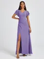 A-line V-neck Short Sleeves Pleated Floor-Length Chiffon Bridesmaid Dress