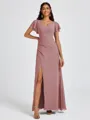 A-line V-neck Short Sleeves Pleated Floor-Length Chiffon Bridesmaid Dress