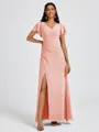 A-line V-neck Short Sleeves Pleated Floor-Length Chiffon Bridesmaid Dress