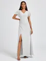 A-line V-neck Short Sleeves Pleated Floor-Length Chiffon Bridesmaid Dress