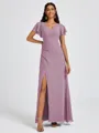 A-line V-neck Short Sleeves Pleated Floor-Length Chiffon Bridesmaid Dress