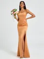 Sheath Square Pleated Floor-Length Satin Bridesmaid Dress