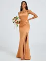 Sheath Square Pleated Floor-Length Satin Bridesmaid Dress