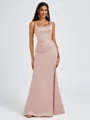 Sheath Square Pleated Floor-Length Satin Bridesmaid Dress