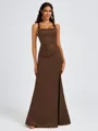 Sheath Square Pleated Floor-Length Satin Bridesmaid Dress