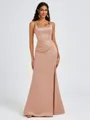 Sheath Square Pleated Floor-Length Satin Bridesmaid Dress