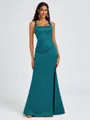 Sheath Square Pleated Floor-Length Satin Bridesmaid Dress