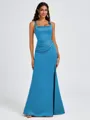 Sheath Square Pleated Floor-Length Satin Bridesmaid Dress