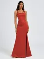 Sheath Square Pleated Floor-Length Satin Bridesmaid Dress