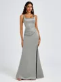 Sheath Square Pleated Floor-Length Satin Bridesmaid Dress