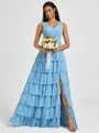 A-line V-neck Cascading Ruffles Floor-Length Bridesmaid Dress