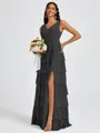 A-line V-neck Cascading Ruffles Floor-Length Bridesmaid Dress