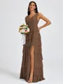 A-line V-neck Cascading Ruffles Floor-Length Bridesmaid Dress