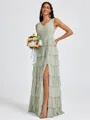 A-line V-neck Cascading Ruffles Floor-Length Bridesmaid Dress