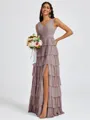 A-line V-neck Cascading Ruffles Floor-Length Bridesmaid Dress