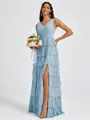 A-line V-neck Cascading Ruffles Floor-Length Bridesmaid Dress