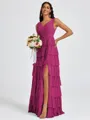 A-line V-neck Cascading Ruffles Floor-Length Bridesmaid Dress